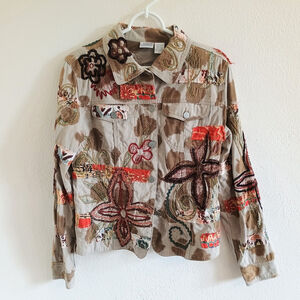 Bleu Bayou Casual Wear Floral Art Embroidered Patchwork Jacket Button Up Size S